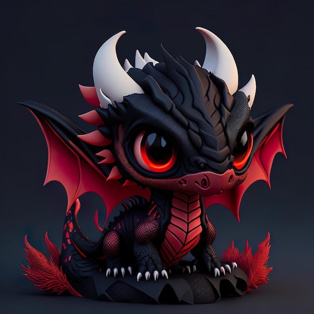 A black dragon with red eyes and red eyes sits on a dark background.