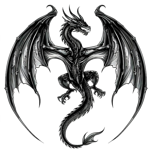 白い背景の黒いドラゴンとその上に黒いドラグン