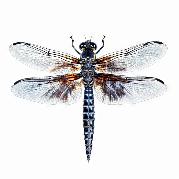 A black dragonfly with a blue and black wings.