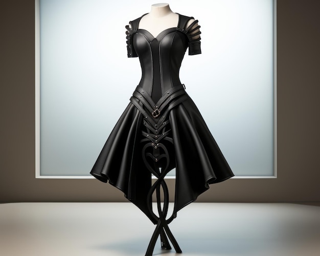 a black dress on a mannequin stand in front of a window