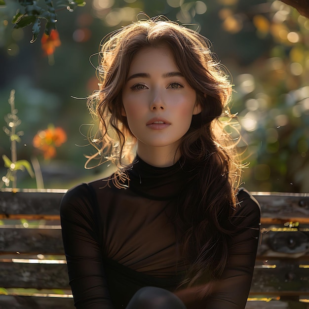 a black dress woman is sitting on a bench