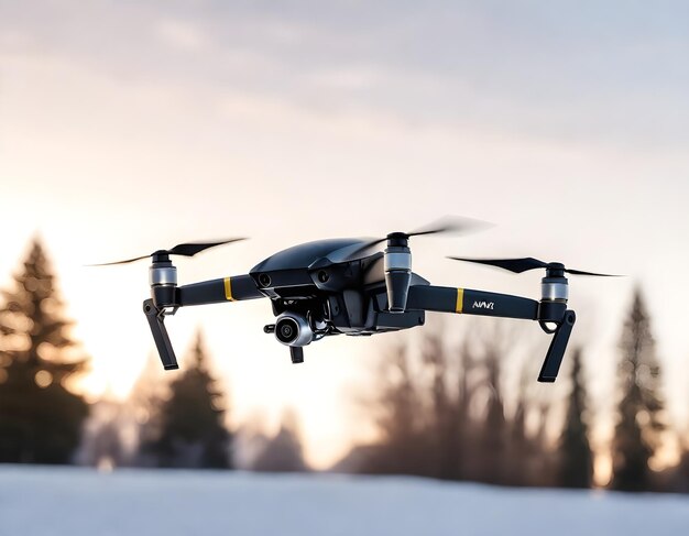 A black drone in flight against a blurred light background