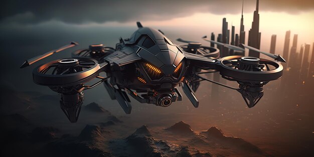 Black drone is flying over the city AIGenerated