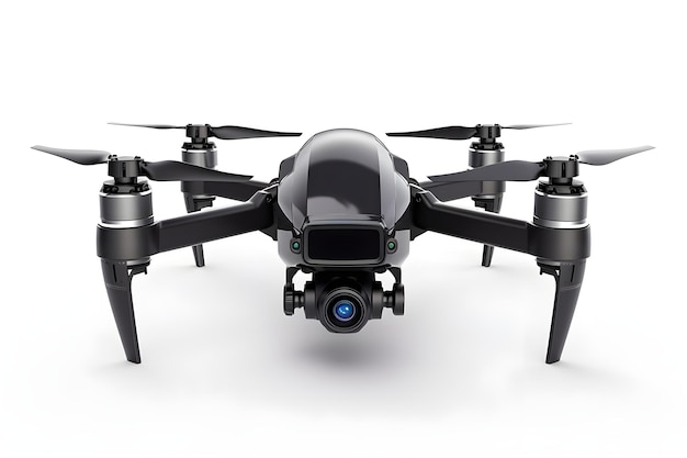 A black drone with a camera on the front.