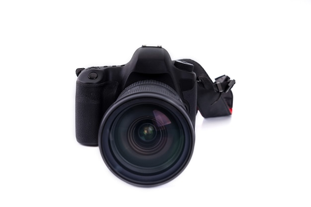 Black DSLR camera isolated on white background