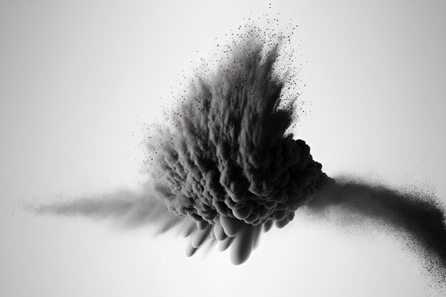 Black dust eruption in slow motion over a white background