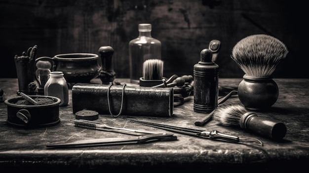 On a black dusty surface are old barber tools