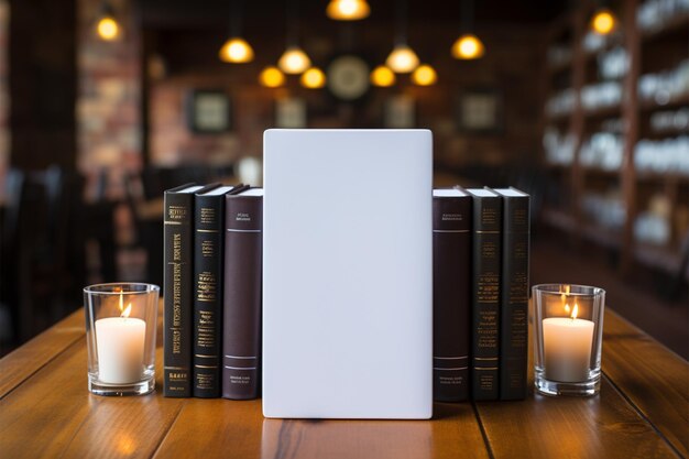 Black e book with white blank screen viewed from above on dark wood