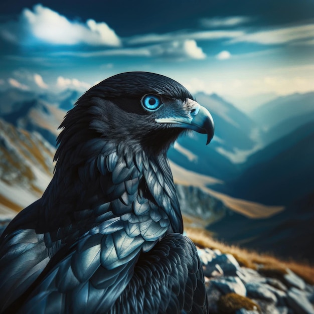 Black eagle with blue eyes