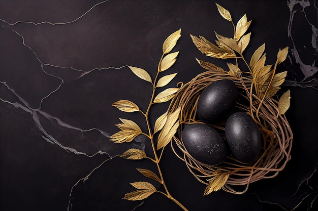 A black easter egg sits in a nest with gold leaves and gold leaves.