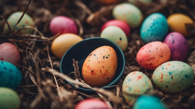 A black egg sits in a nest of eggs with the words easter on it.