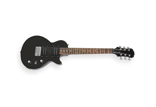 Black electric guitar on white, top view