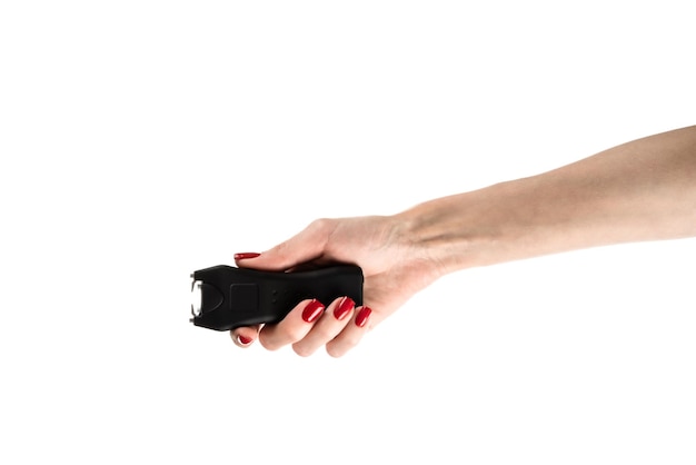 Black electric shocker with a flashlight on a white background