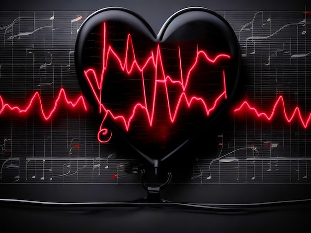 a black electrocardiogram with red musical notes and red hearts hd free image