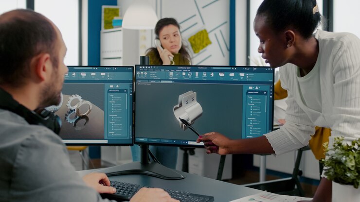 Photo black employee pointing on monitor explaining project