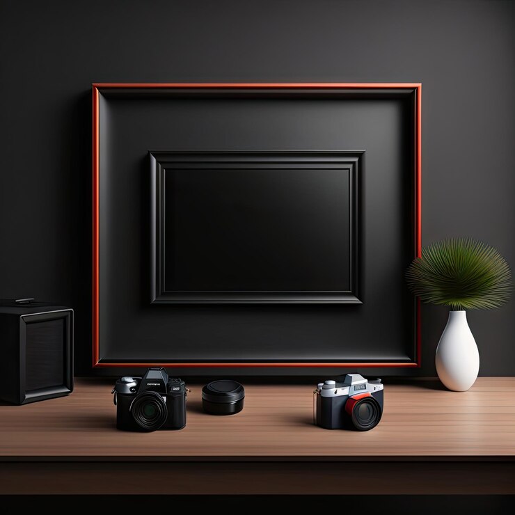 Photo black empty frame on black workspace of photographer with cameras