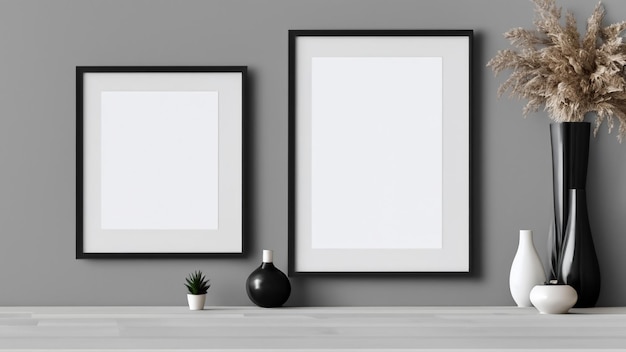 Black empty frame mockup on wall in modern interior