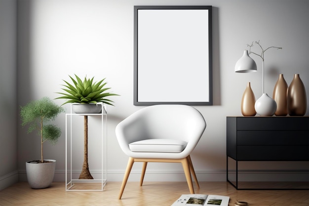 Black empty frame mockup on the white wall and modern minimalist room