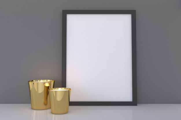 Black empty Frame mockup with golden candle