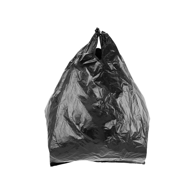 Black empty plastic bag on white background