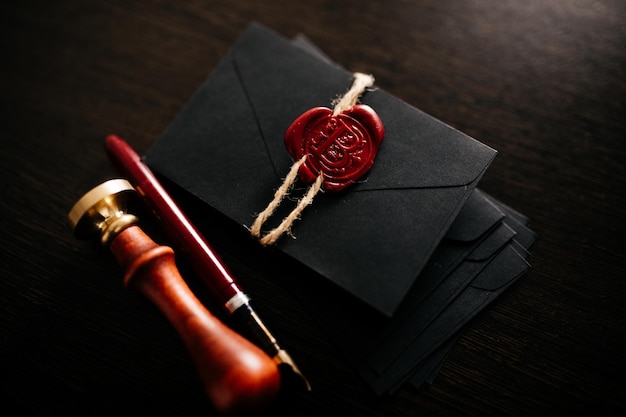 어두운 테이블에 빨간색 왁스 인감 스탬프와 펜이 있는 검은색 봉투
