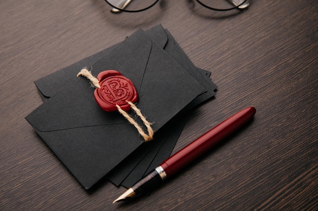 Black envelopes with red wax seal on a dark wooden\
background