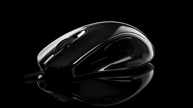 Photo black ergonomic computer mouse on black glossy surface with reflection