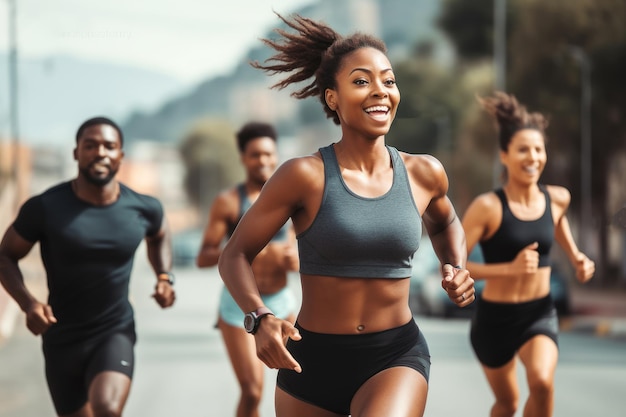 흑인 운동 및 달리기 커플 지구력 심장 강화 및 자기 관리를 통한 야외 및 피트니스 목표 도로 위의 남성 및 여성 주자는 건강과 웰빙을 통해 달리기 또는 훈련을 하고 있습니다.
