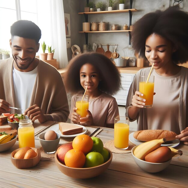 Black family having lunch drinking fresh orange juice in kitchen