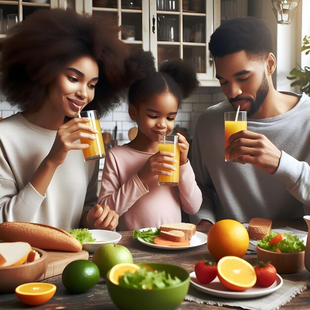 Черная семья обедает, пьет свежий апельсиновый сок на кухне.