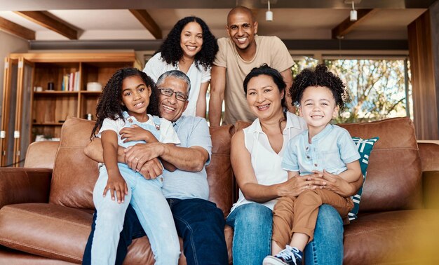 Photo black family living room hug and portrait of a mother father and kids on a couch with happiness happy parent love and support of girl laughing in a home together with a smile in a house