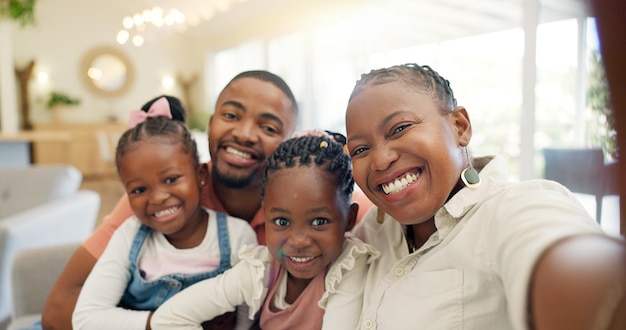 Black family selfie and happy with parents and children at home love and bonding with memory for social media Live streaming happiness and portrait together and people smile in picture for post