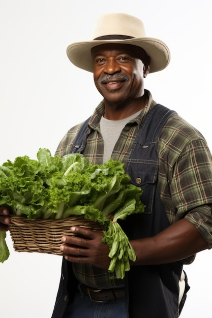 Photo black farmer holding basket of lettuce