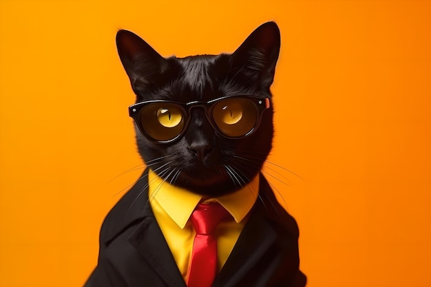 Foto gatto di affari di moda nero con gli occhiali su uno sfondo giallo brillante ia generativa