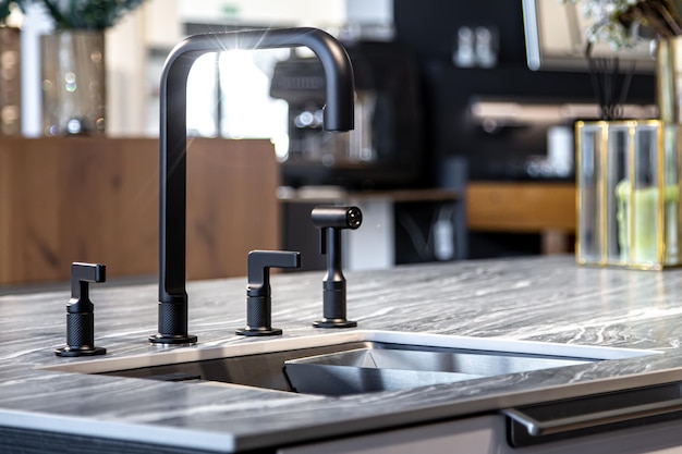 Black faucet with a steel sink in a stylish modern kitchen