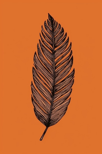 A black feather with a black outline is on an orange background.