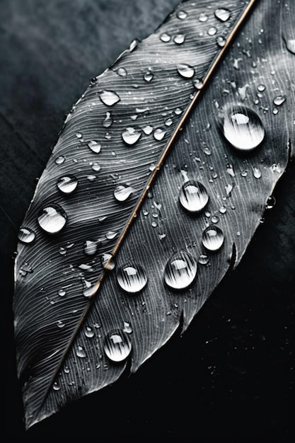 A black feather with water drops on it