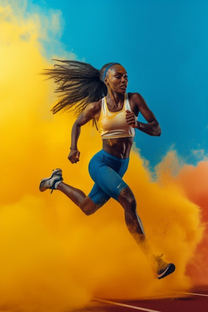 Black female athlete running in a cloud of yellow and blue powder