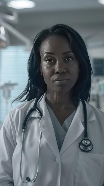 Photo black female doctor in a white coat with a sweet smile against the background of a hospital ward the concept of modern medicine health