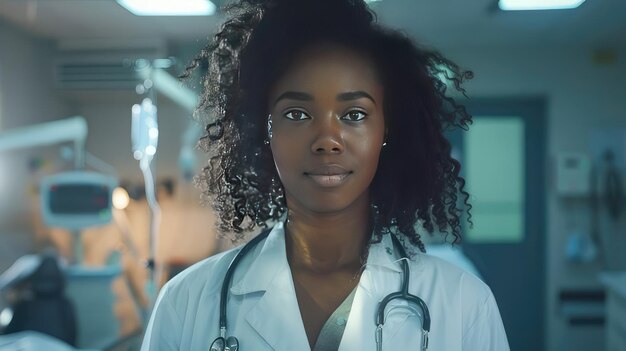 black female doctor in a white coat with a sweet smile against the background of a hospital ward The concept of modern medicine health