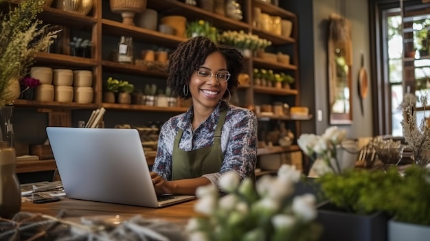 a black female entrepreneur happily working on her business