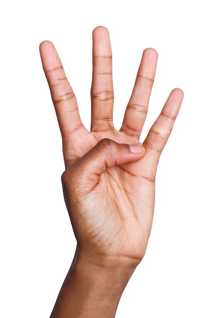 Черная женская рука показывает номер четыре изолированы. Подсчет жестов, перечисление, белый фон