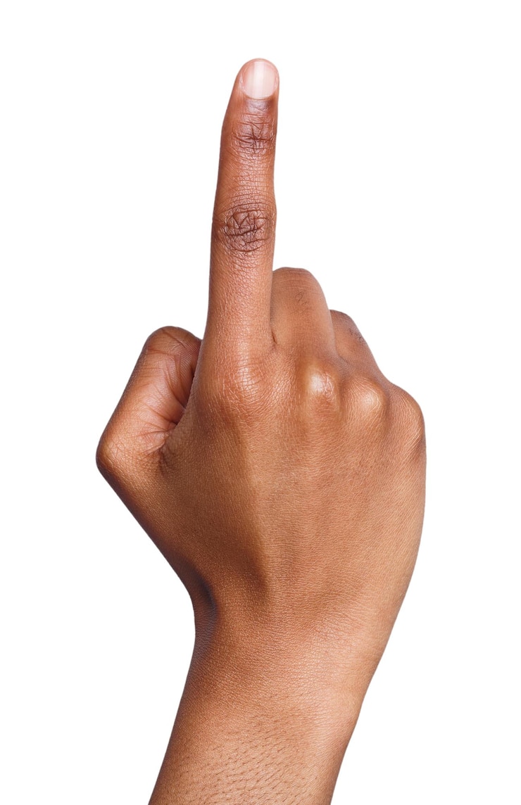 Photo black female hand shows number one isolated, closeup. counting gesturing, enumeration, white background