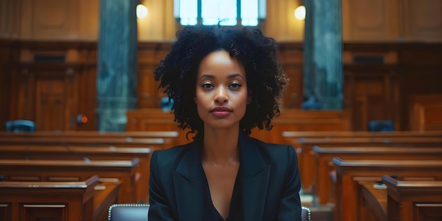 A Black female lawyer passionately defends defendants39 rights in court before judge and jury Concept Law Justice Courtroom Legal System Leadership