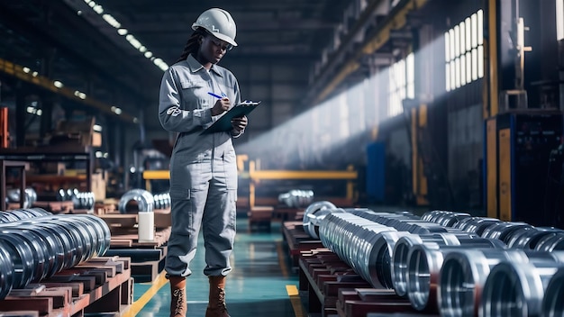 Black female worker writing on clipboard while inspecting steel products at industrial warehouse