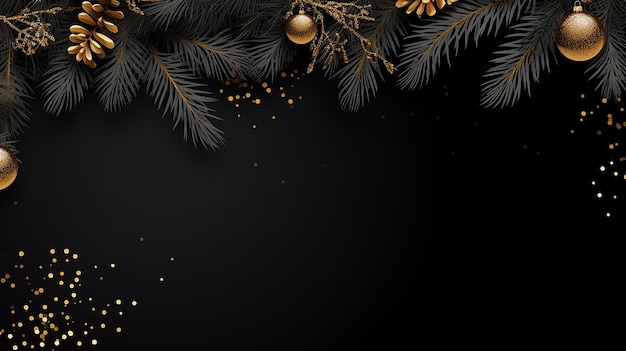 Black festive banner with fir branches and golden glitter