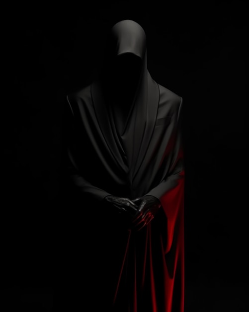 A black figure in a black outfit stands in the dark with a red cloth