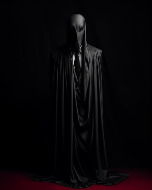 A black figure in a black suit stands in the dark