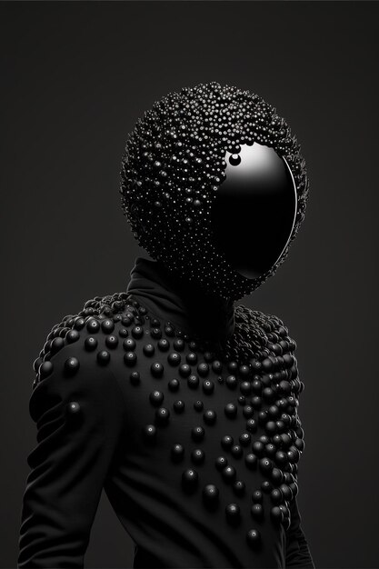 A black figure with a face made of beads and a mask.