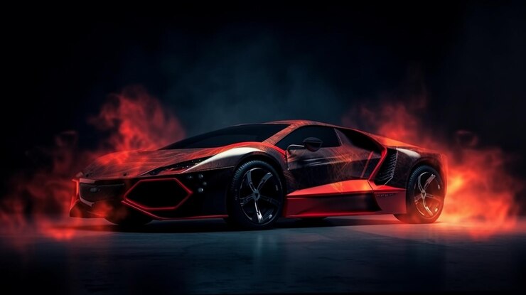 Photo black fire red sport car wallpaper on smoke background